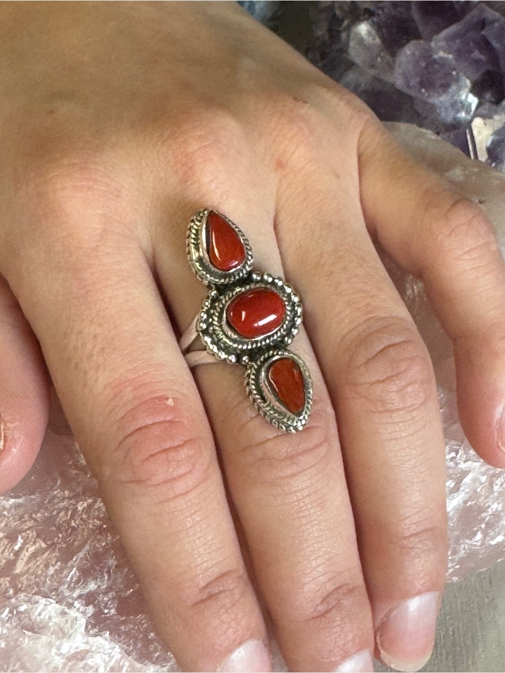Sardinian Red Coral Sterling Silver Statement Ring - Southwestern - Size 8